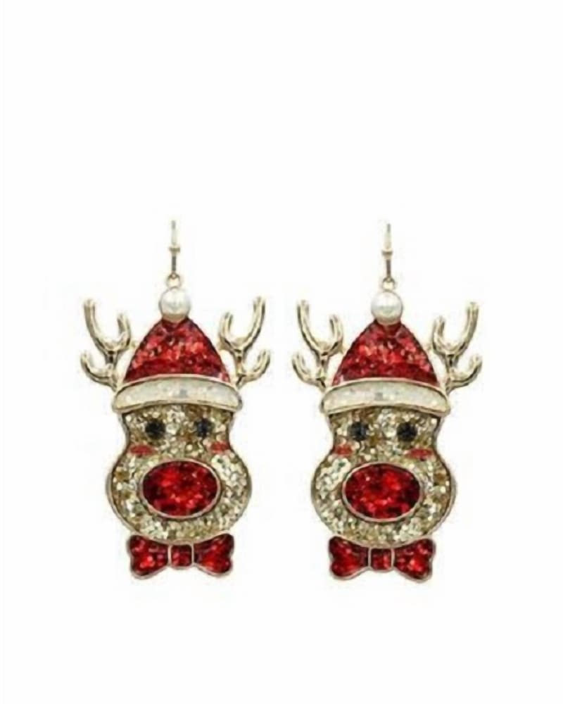 Front of a size O/S Glitter Rudolf Earrings in Gold in Gold by What's Hot. | dia_product_style_image_id:330561